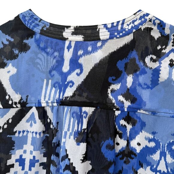 CHICO'S Trapunto Blouse Size 12 / L (Chicos 2) Blue Black Ikat Flowy Chiffon NWT - Picture 5 of 14